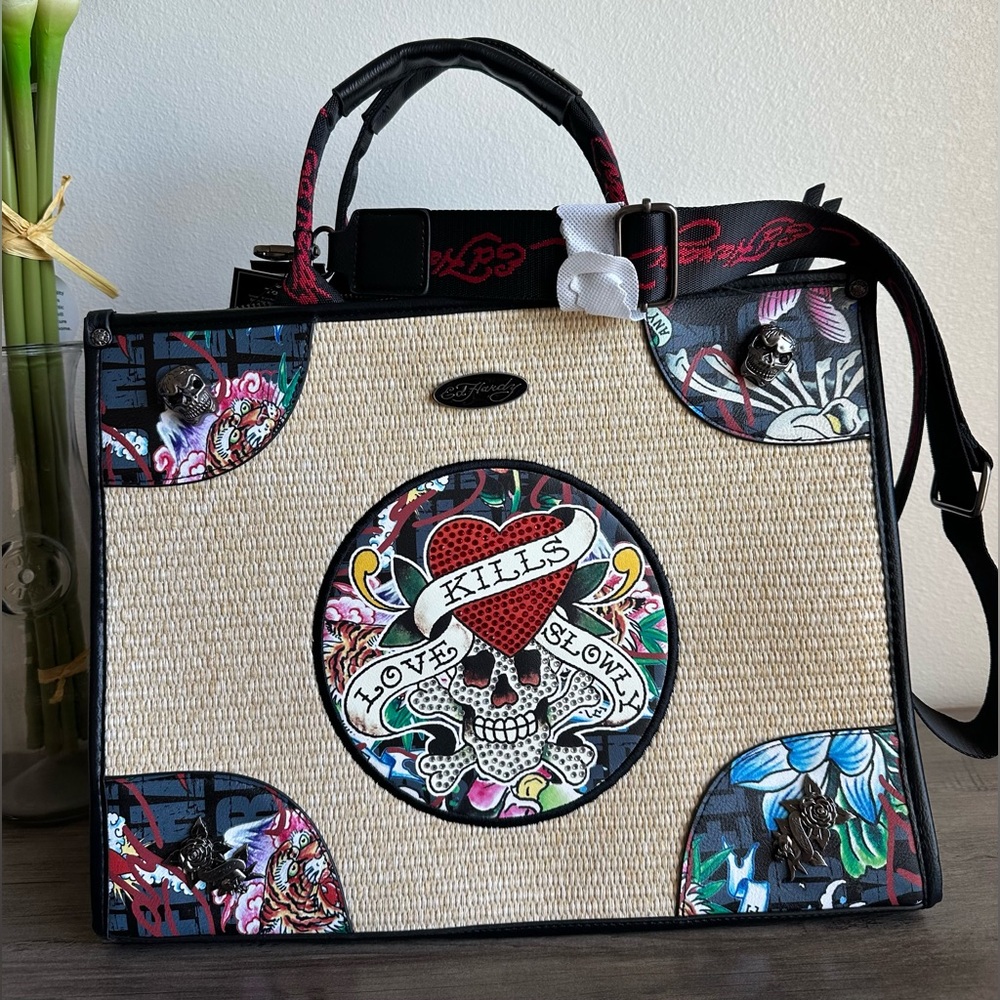 Ed Hardy Tote Bag Woven Wicker Embroidered Rhinestones Charms Shoulder Strap New